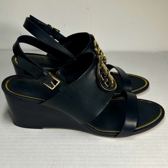TORY BURCH | Metal Miller 65mm Wedge Perfect Black Gold Size 11 Heel Sandal Mule - Picture 9 of 14